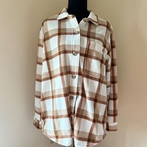 *EDDIE BAUER* White x Brown Plaid Long Sleeve Button Down Sweater Size Medium